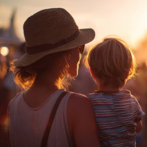 An adult wearing a hat and sunglasses holds a young child outdoors at sunset, with warm sunlight illuminating their hair.