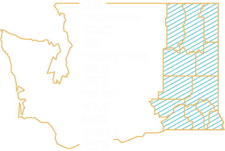 Map of Washington state with several eastern counties shaded in blue diagonal lines, including Spokane, Lincoln, Stevens, and portions of Adams and Franklin.